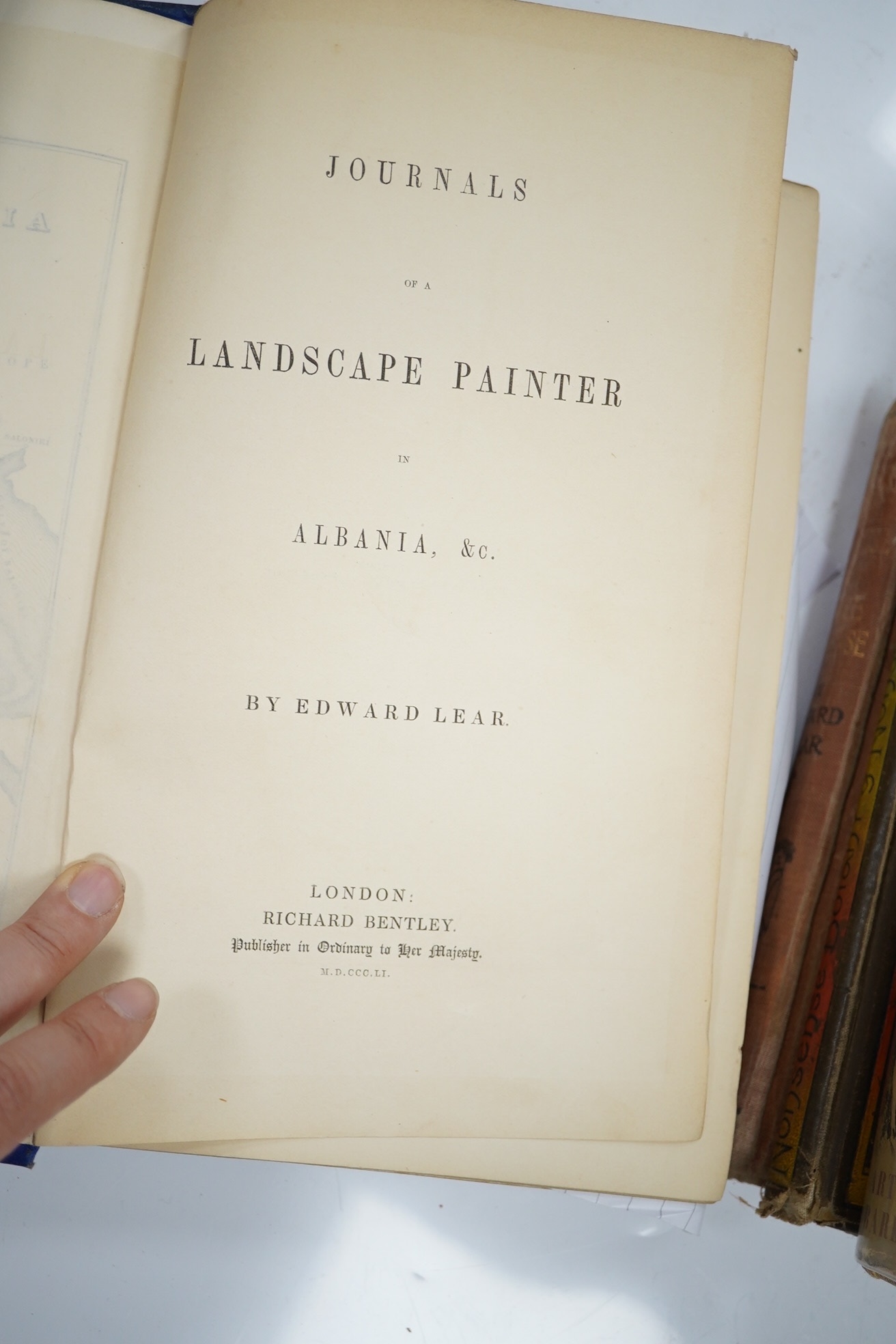 Lear, Edward - Journals of a Landscape Painter in Albania, 1st edition, original blind stamp blue cloth, gilt titles, spine bumped, small tear to upper front hinge, with litho map and 20 tinted litho plates, Richard Bent